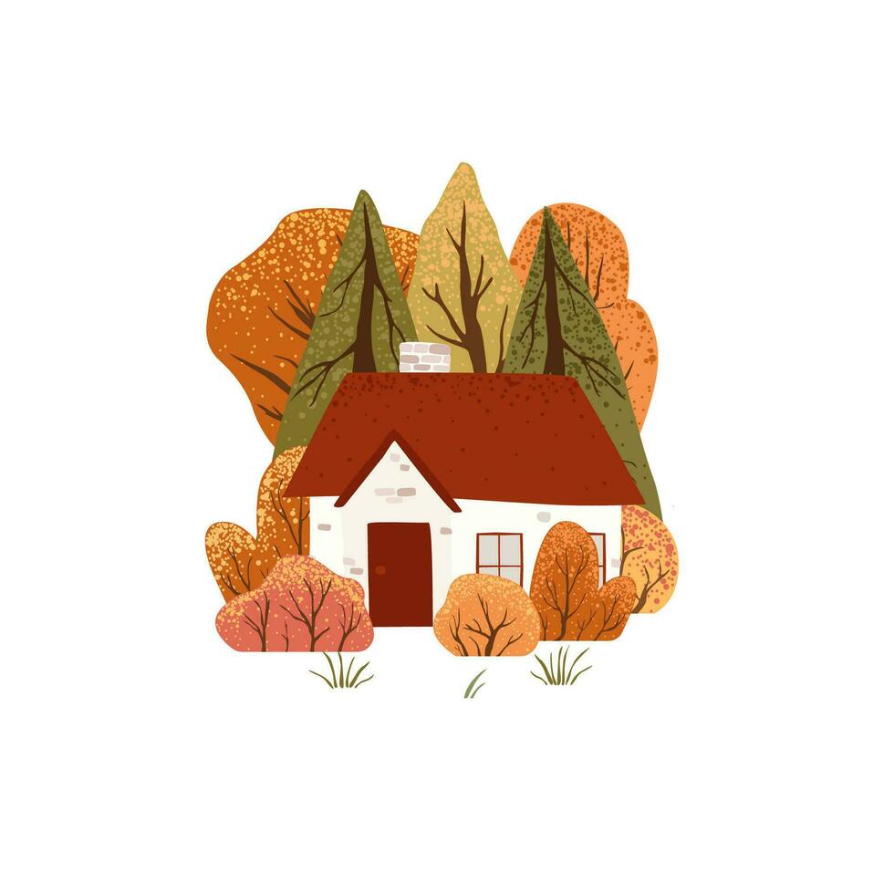 Scene with autumn trees and bushes and house. Countryside landscape. Isolated on white background. Autumn nature. Stock flat vector illustration