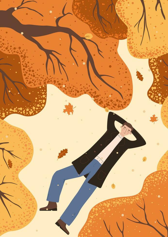 man lies under autumn trees. card with a male lying on the ground, top view. Young boy are resting in the autumn forest. Flat vector illustration