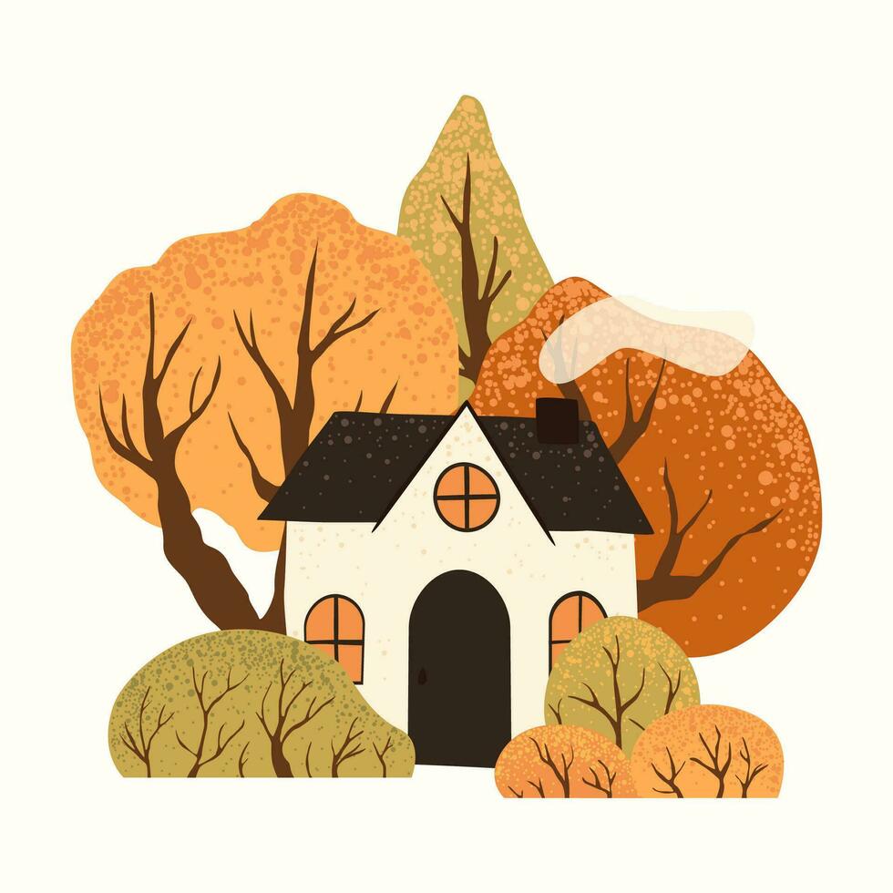 Scene with autumn trees and bushes and house. Countryside landscape. Isolated on white background. Autumn nature. Stock flat vector illustration