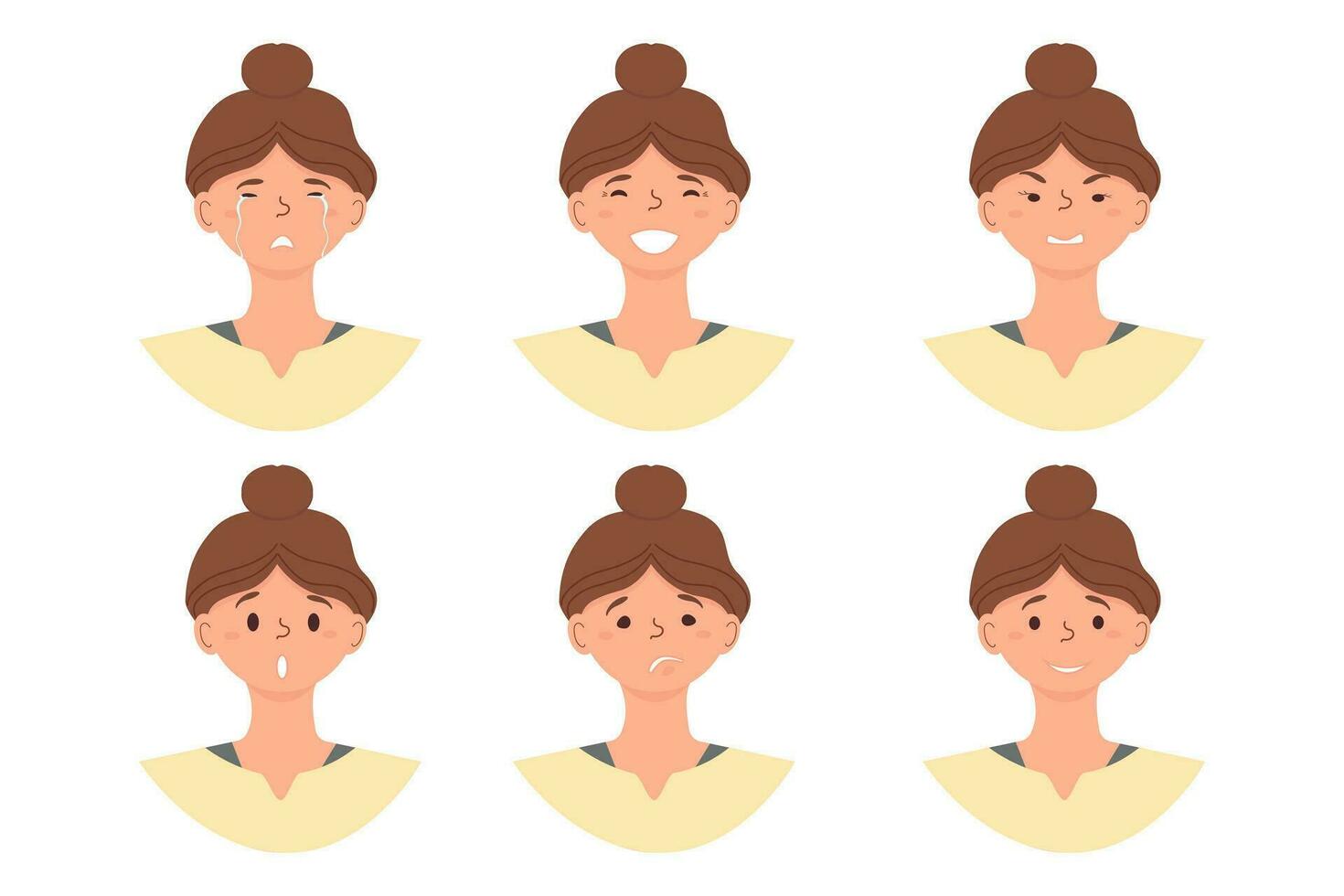 Cartoon. Icons of female emotions. Isolated girl with different facial expressions. Vector illustration of emotional faces for stickers, web, social network account