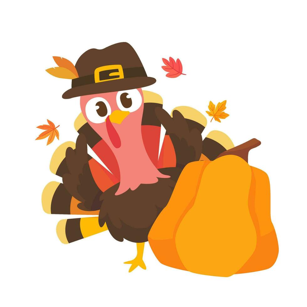 happy thanksgiving cartoon turkey cute and pumpkin in the autumn vector