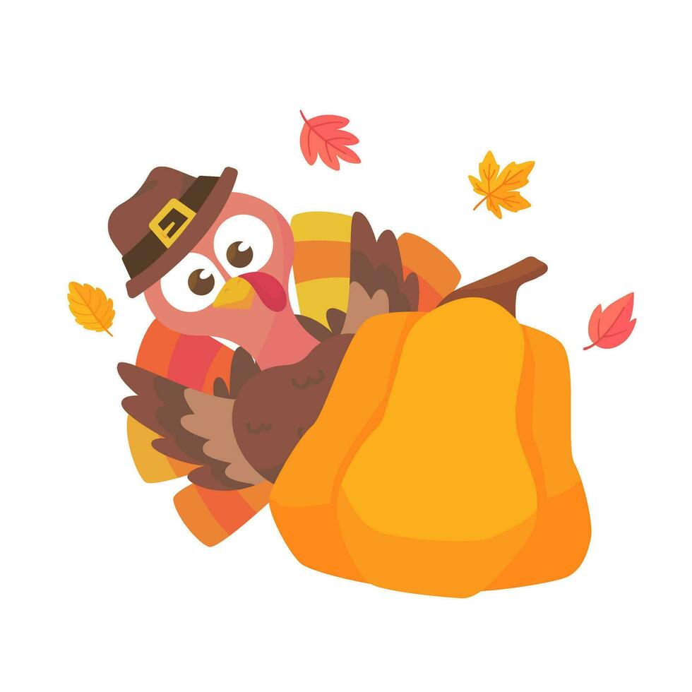 happy thanksgiving cartoon turkey cute and pumpkin in the autumn vector