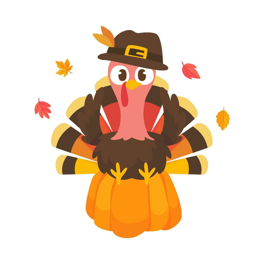 happy thanksgiving cartoon turkey cute and pumpkin in the autumn vector