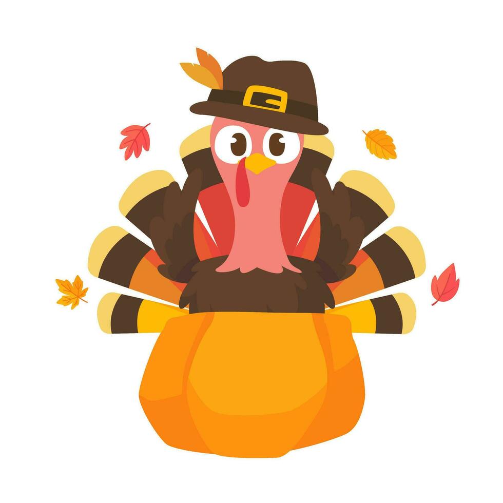 happy thanksgiving cartoon turkey cute and pumpkin in the autumn vector