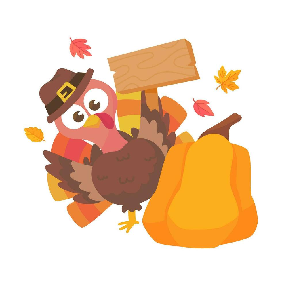 happy thanksgiving cartoon turkey cute and pumpkin in the autumn vector