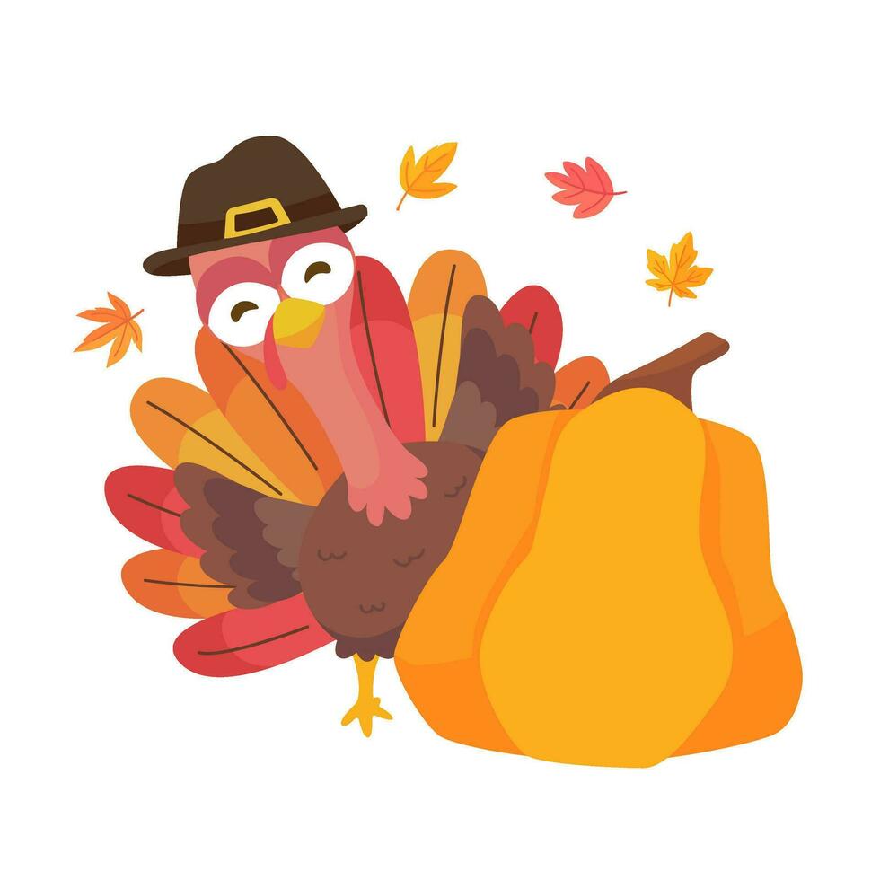 happy thanksgiving cartoon turkey cute and pumpkin in the autumn vector