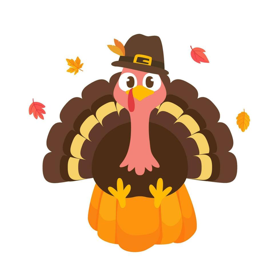 happy thanksgiving cartoon turkey cute and pumpkin in the autumn vector