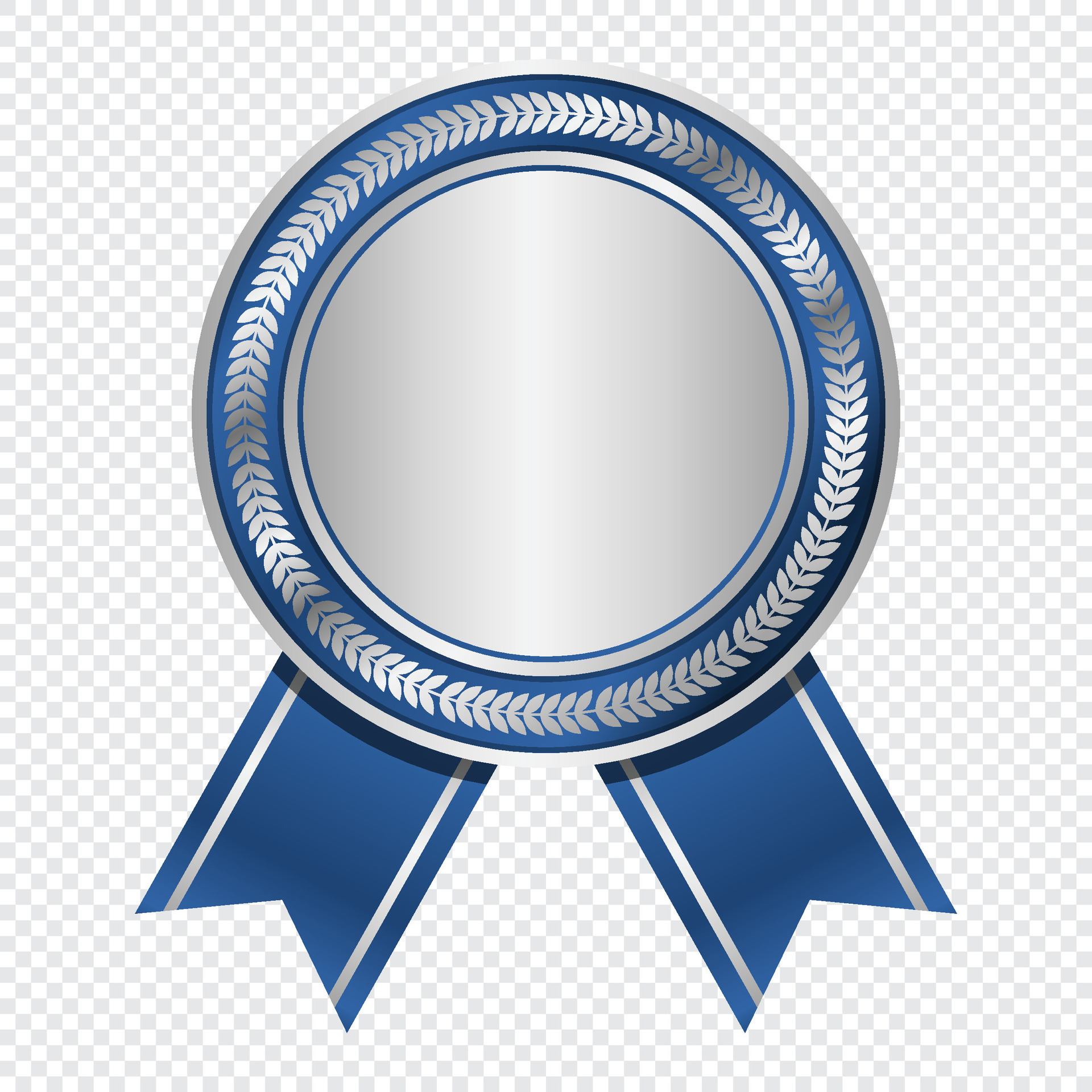 Silver medal with blue ribbon. Silver badge with blue ribbon. Blank