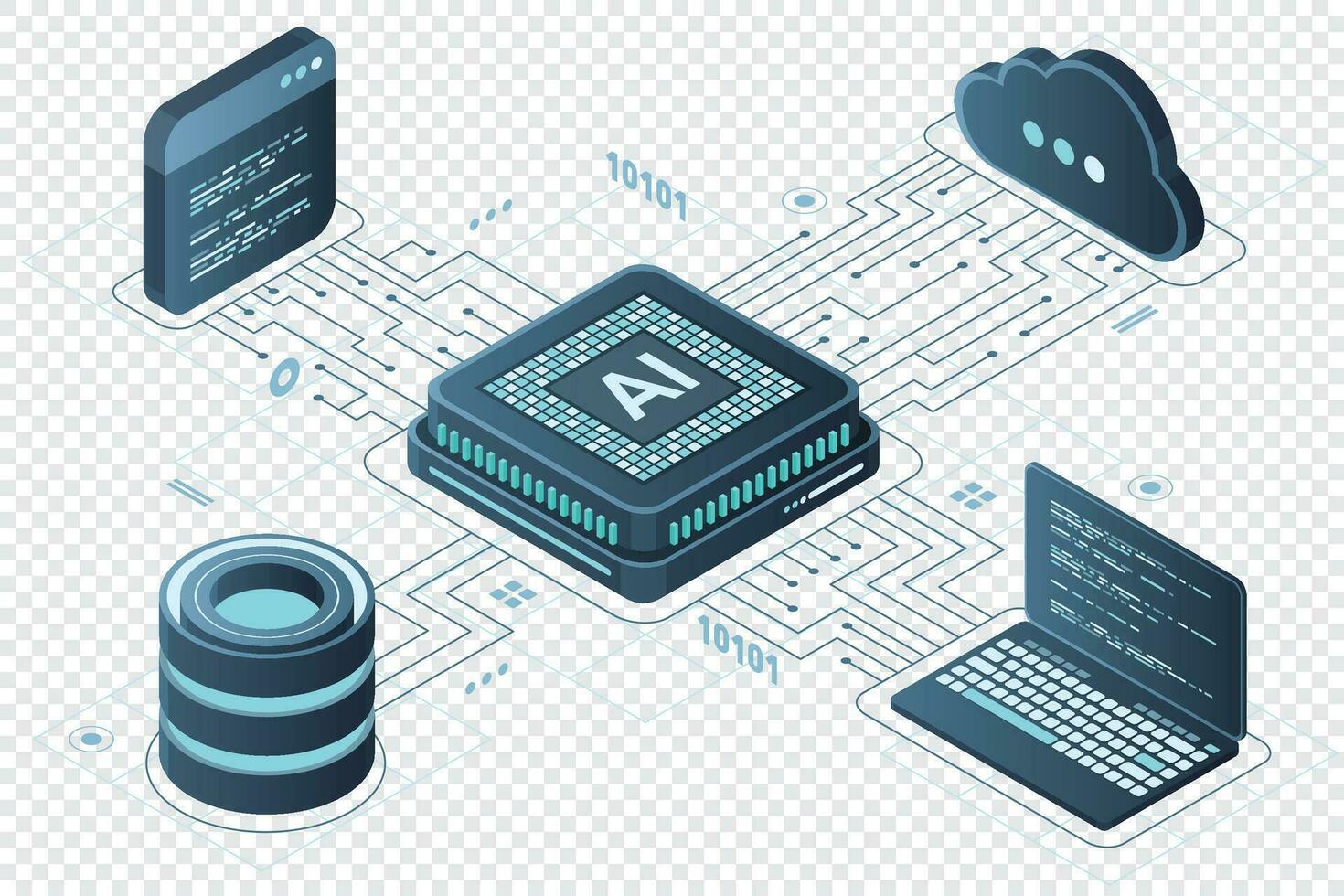 Isometric artificial intelligence chip concept. Artificial Intelligence server. Futuristic microchip processor. Isometric cloud computing. Vector illustration