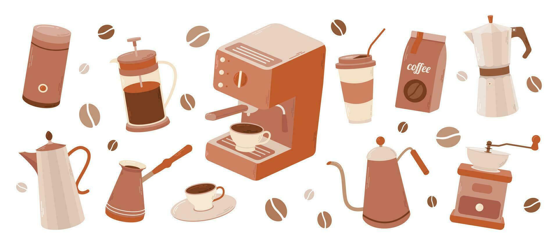 Set of coffee elements collection. Coffee supplies icons. Maker, French press, pot, coffee machine, grinder, grains. Vector illustration