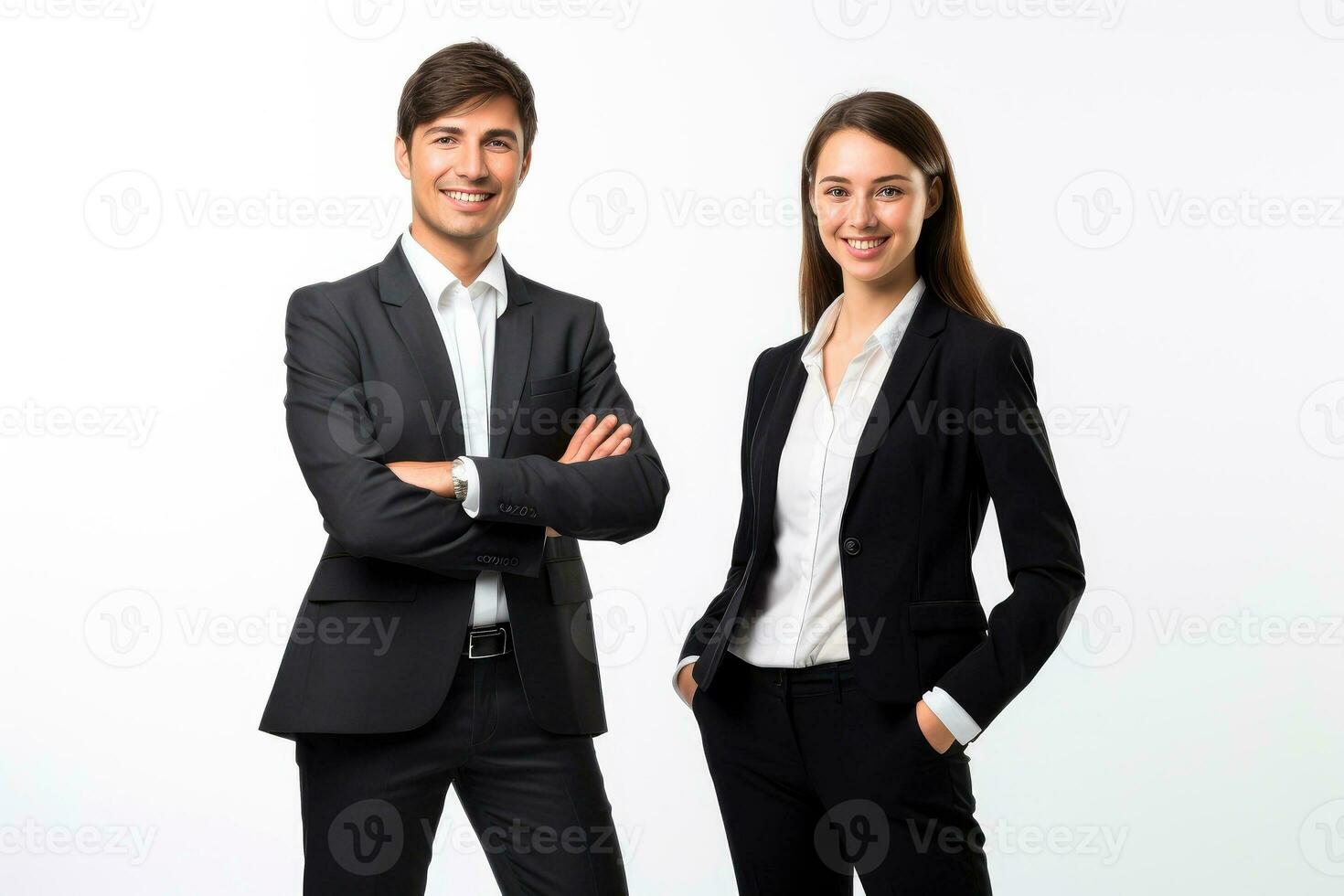 exitoso joven negocio socios en formal ropa posando y mirando a cámara, generativo ai ilustración foto