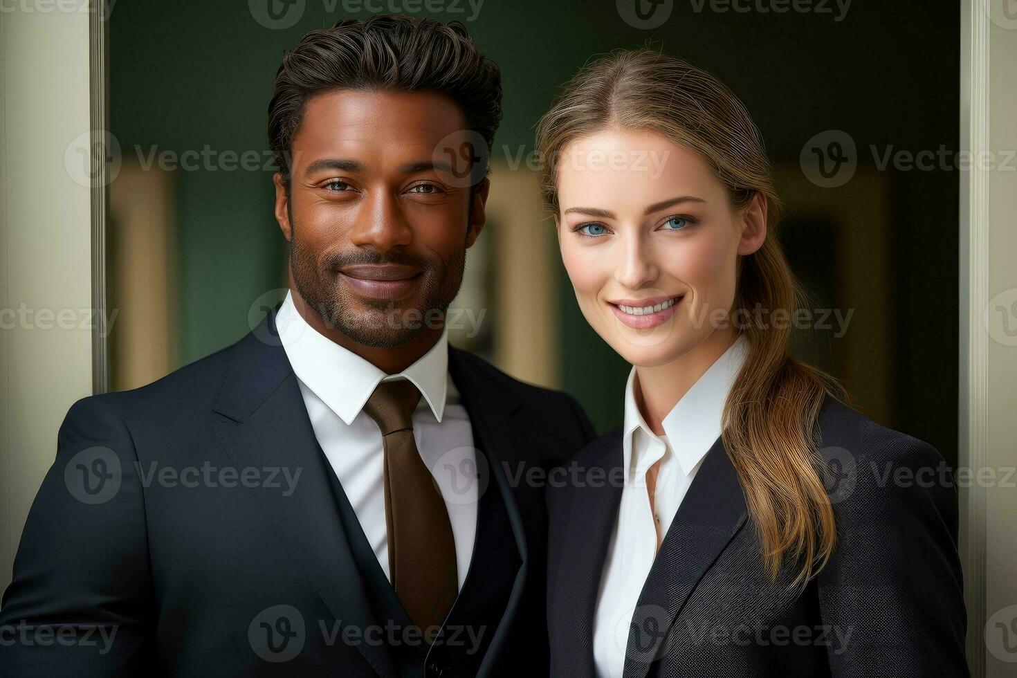 Successful young business partners in formal clothes posing and looking at camera, Generative AI illustration photo