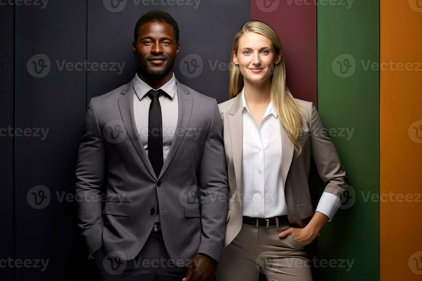 Successful young business partners in formal clothes posing and looking at camera, Generative AI illustration photo