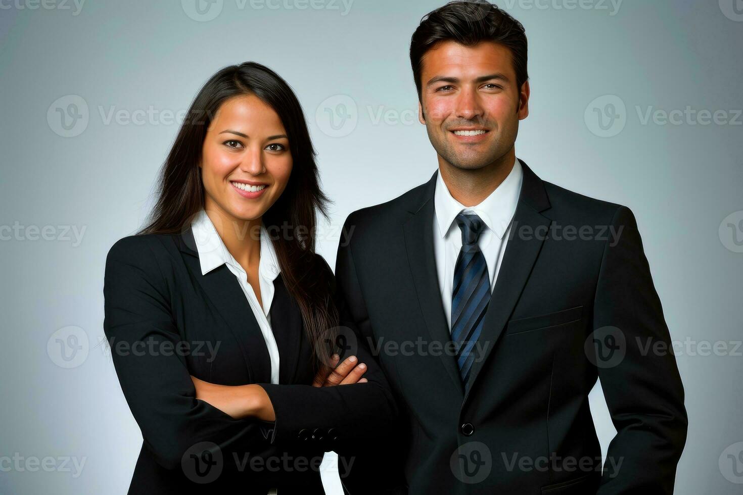 exitoso joven negocio socios en formal ropa posando y mirando a cámara, generativo ai ilustración foto