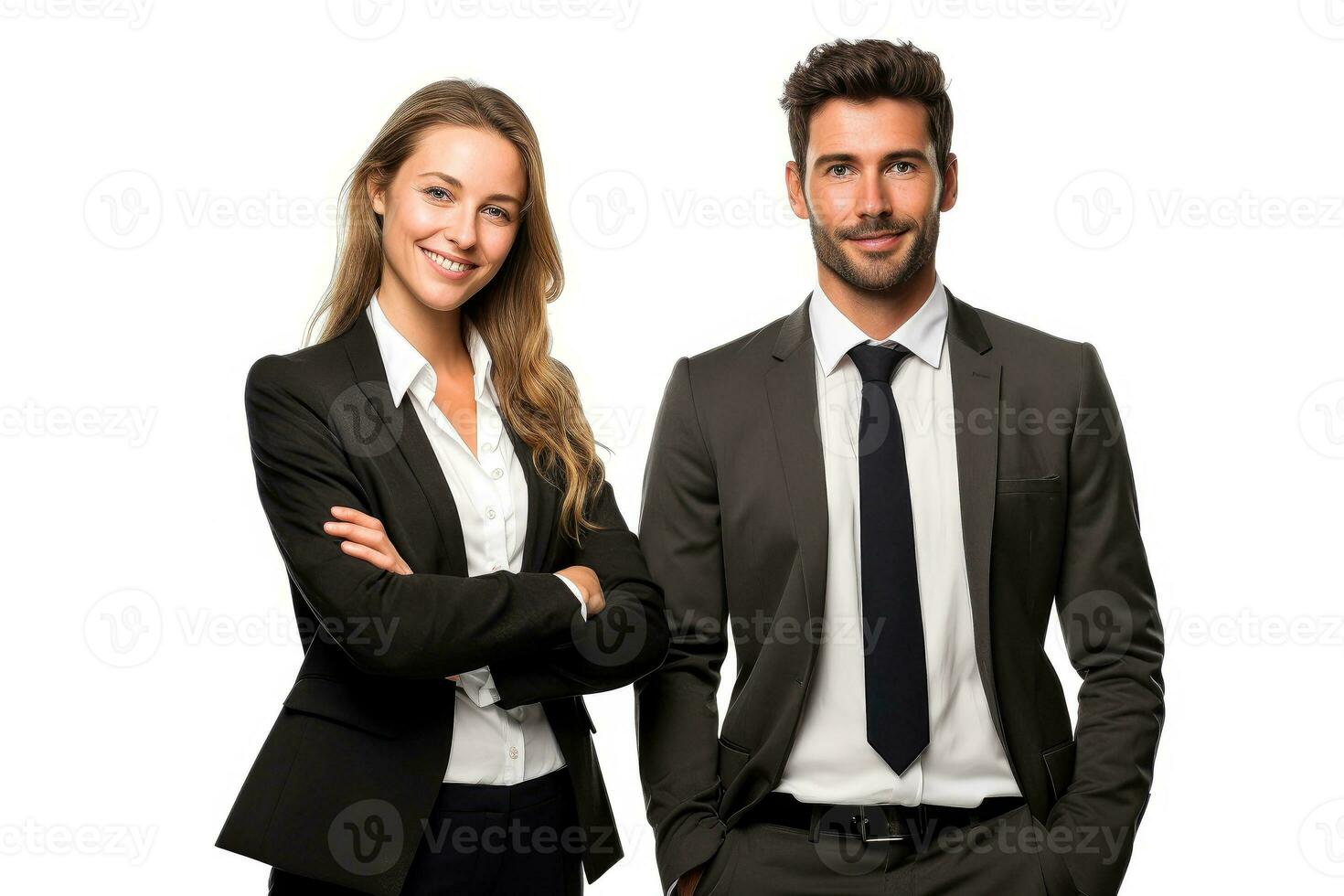 Successful young business partners in formal clothes posing and looking at camera, Generative AI illustration photo