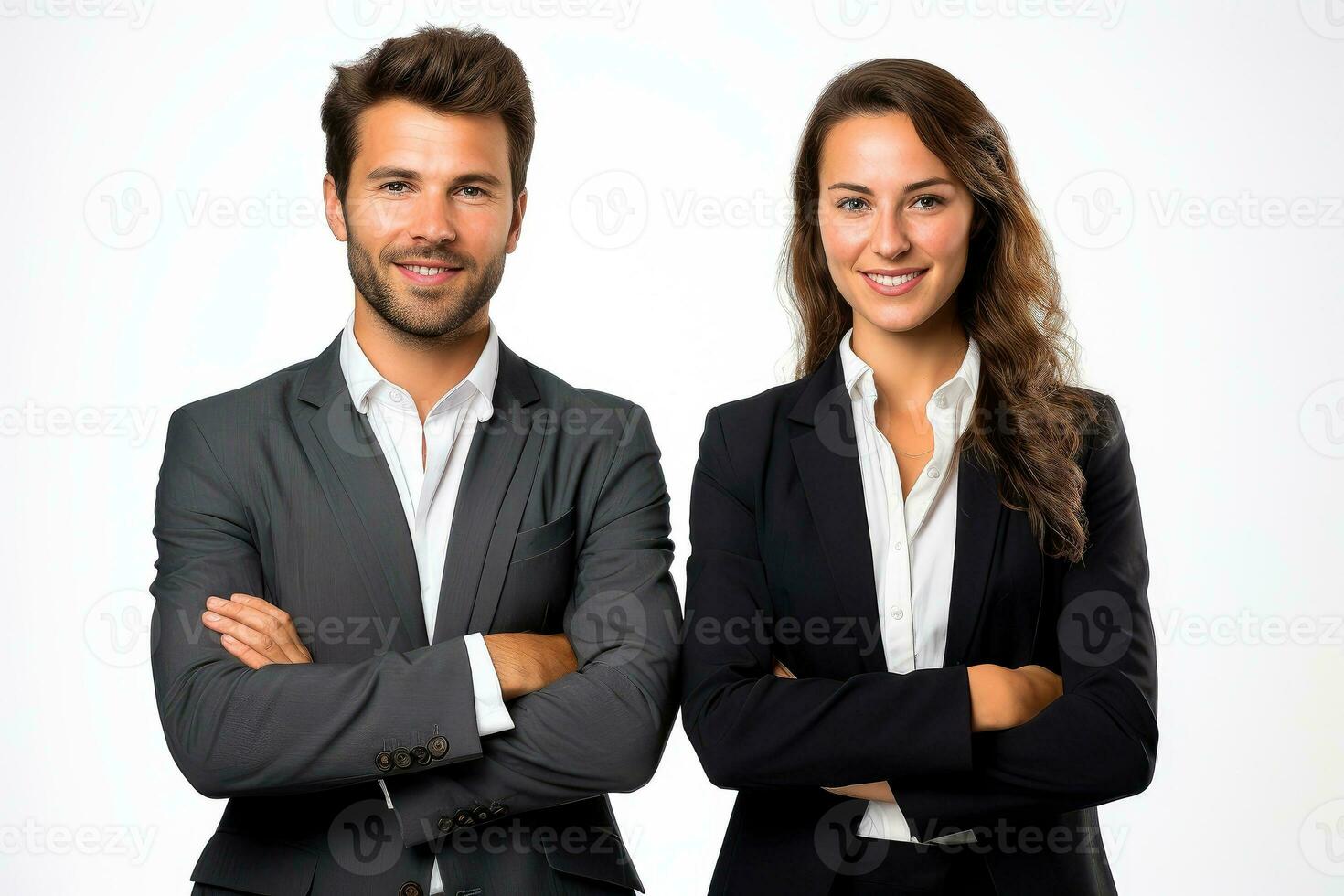 exitoso joven negocio socios en formal ropa posando y mirando a cámara, generativo ai ilustración foto