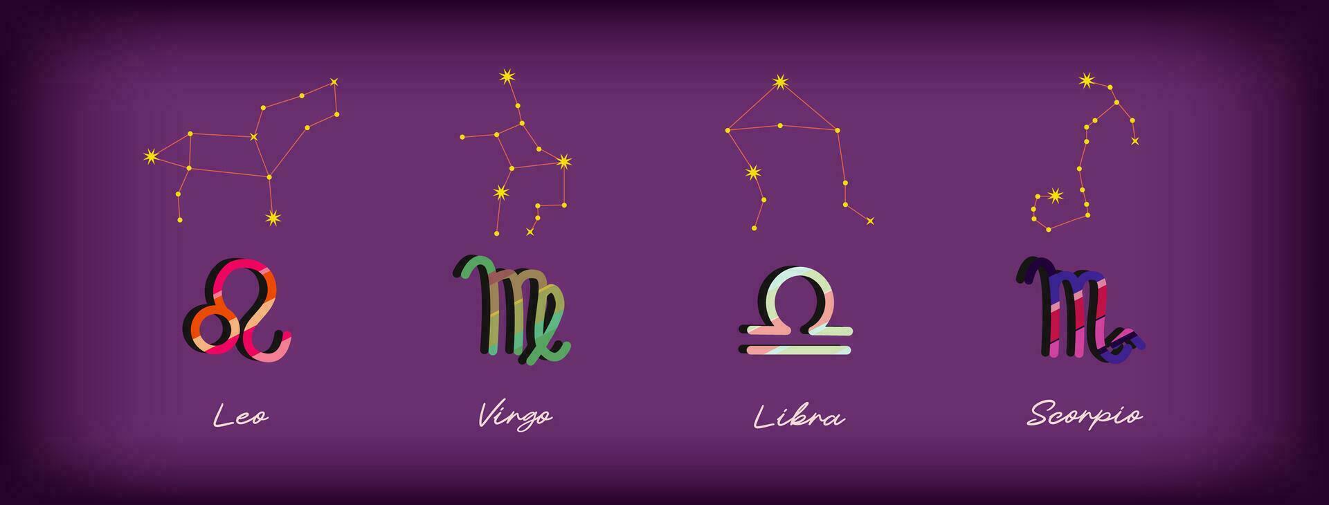 Set Zodiac signs, Colorful zodiacs, Icons for the design of Esoteric with Constellations, astrologic maps, calendars. Vector elements on Purple background. Leo Virgo Libra, Scorpio.