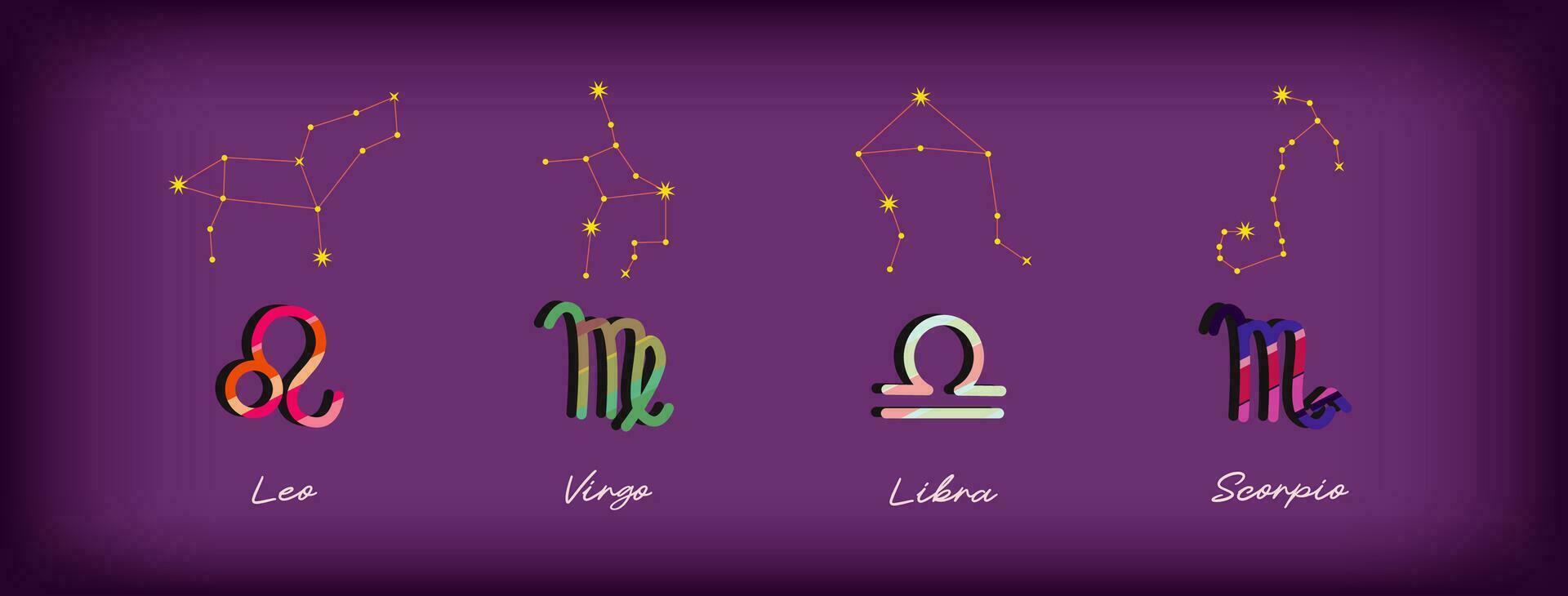 conjunto zodíaco señales, vistoso zodiacos, íconos para el diseño de esotérico con constelaciones, astrológico mapas, calendarios vector elementos en púrpura antecedentes. León Virgo Libra, Escorpión.