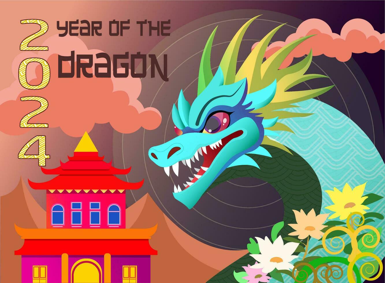 New Year Dragon 2024, Vector image dragon on the background, Chinese house. Sunset on background of mountains, Illustration for design of banners, calendars and postcards