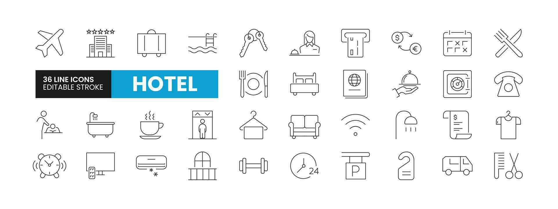 Set of 36 Hotel line icons set. Hotel outline icons with editable stroke collection. Includes Hotel, Swimming Pool, Barber Shop, Luggage, Airplane and More. vector