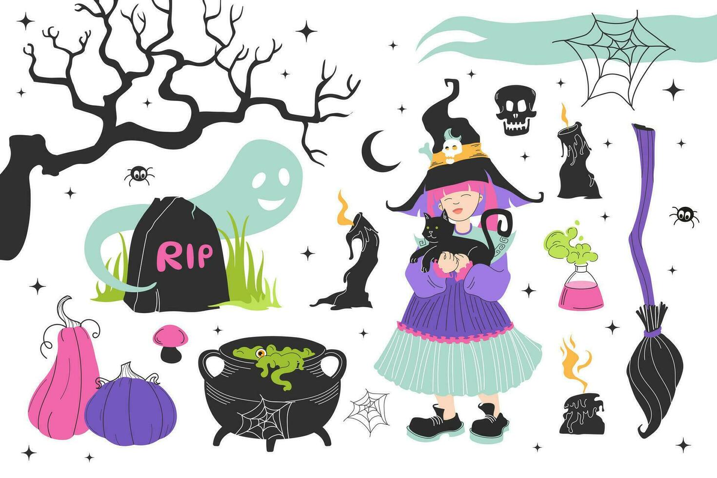 Big set vector illustrated Witch elements. For your Halloween party. Sticker pack of Halloween cartoon elements. Scary items, symbols and signs.