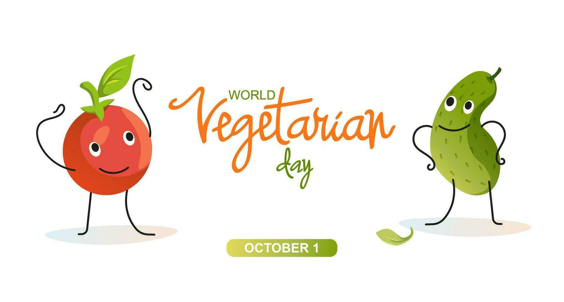 World vegetarian day web banner. lettering for vegan day. Funny vegetables, cucumber and tomato. Vector flat illustration.