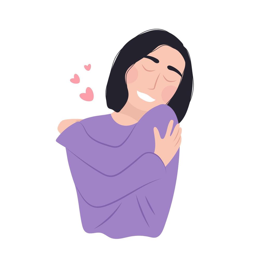 Happy young girl hugging herself with love. Self love. vector