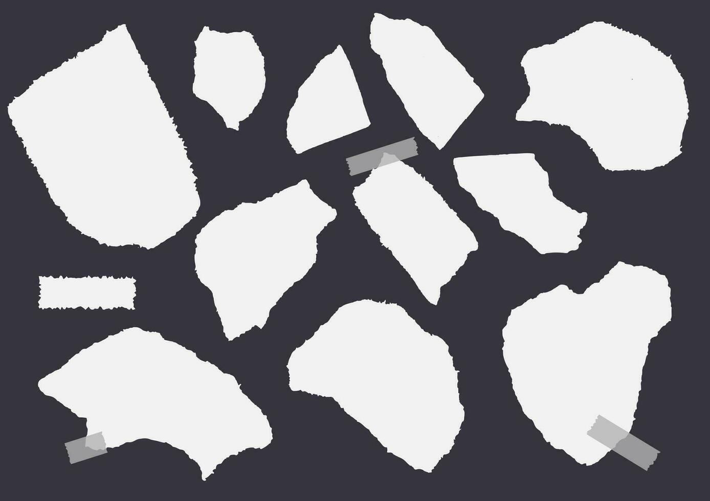 Set of white paper different shapes ripped scraps fragments wisps on isolated background. Vector illustration.