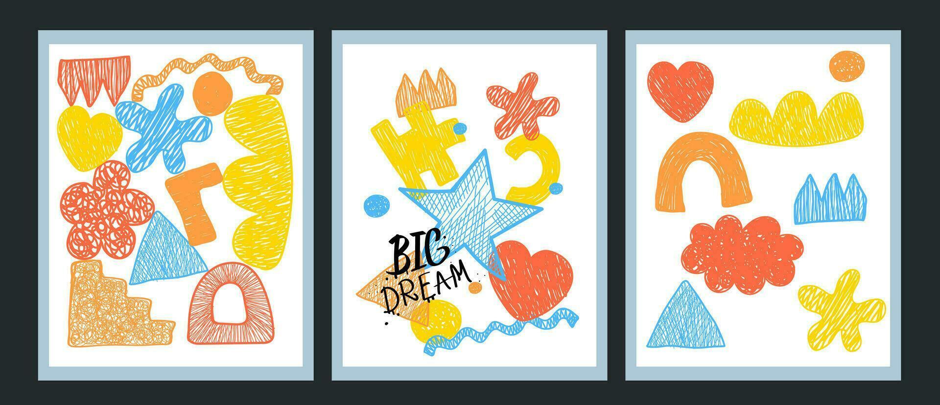 A set of posters with abstract textural figures. Composition of children's doodles. Vector illustration
