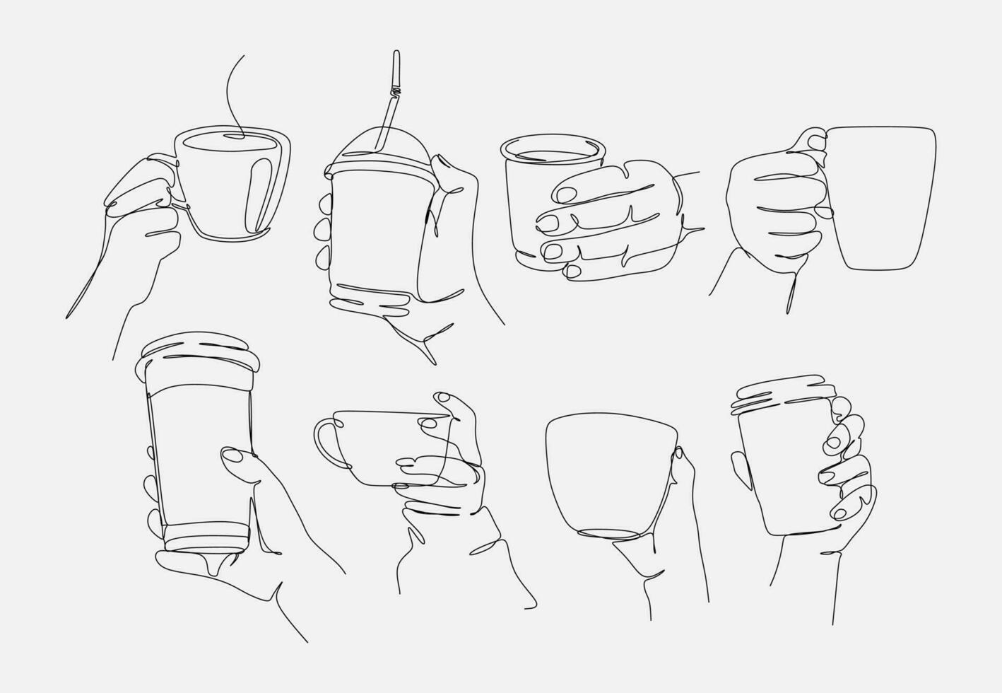 conjunto de dibujo de manos participación café en continuo uno línea dibujo estilo. bebida en un taza, taza, papel taza, el plastico taza. gráfico vector ilustración.