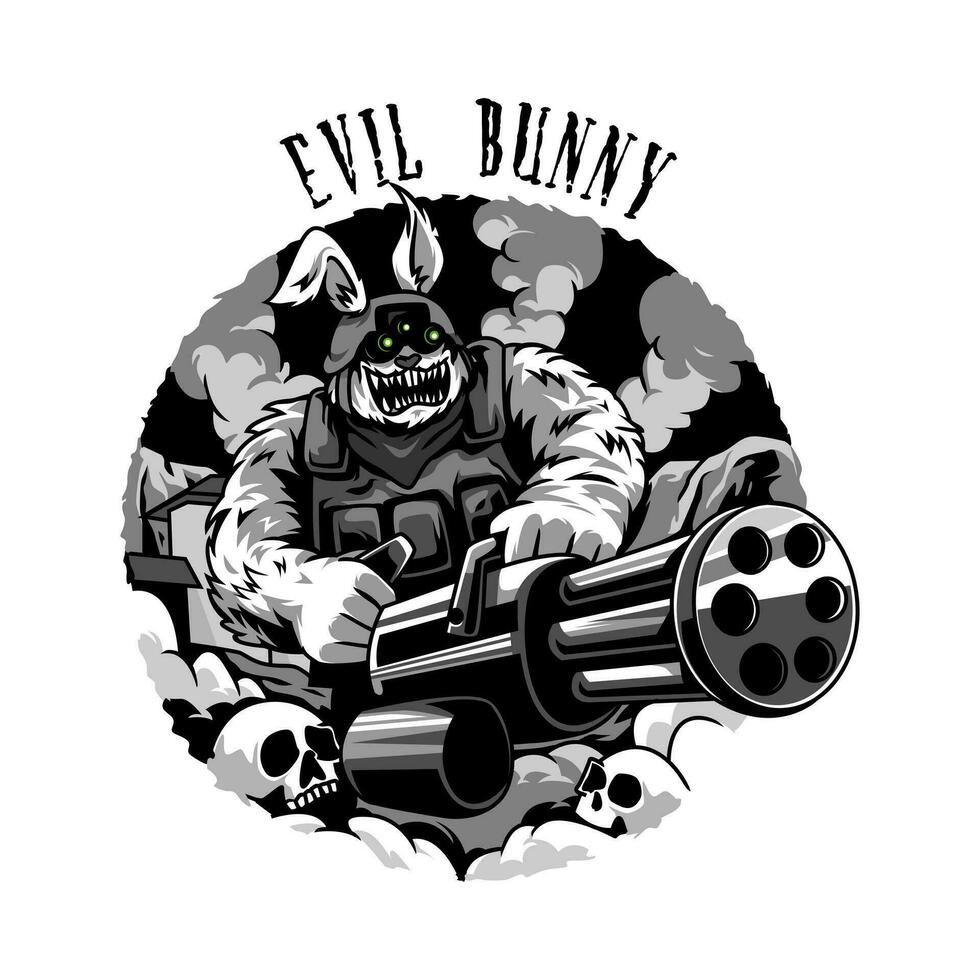 Big, spooky and evil bunny wear military gear holding machine gun, minigun. suitable for t-shirt design, merchandise. concept of halloween, horror, skull. graphic vector illustration.