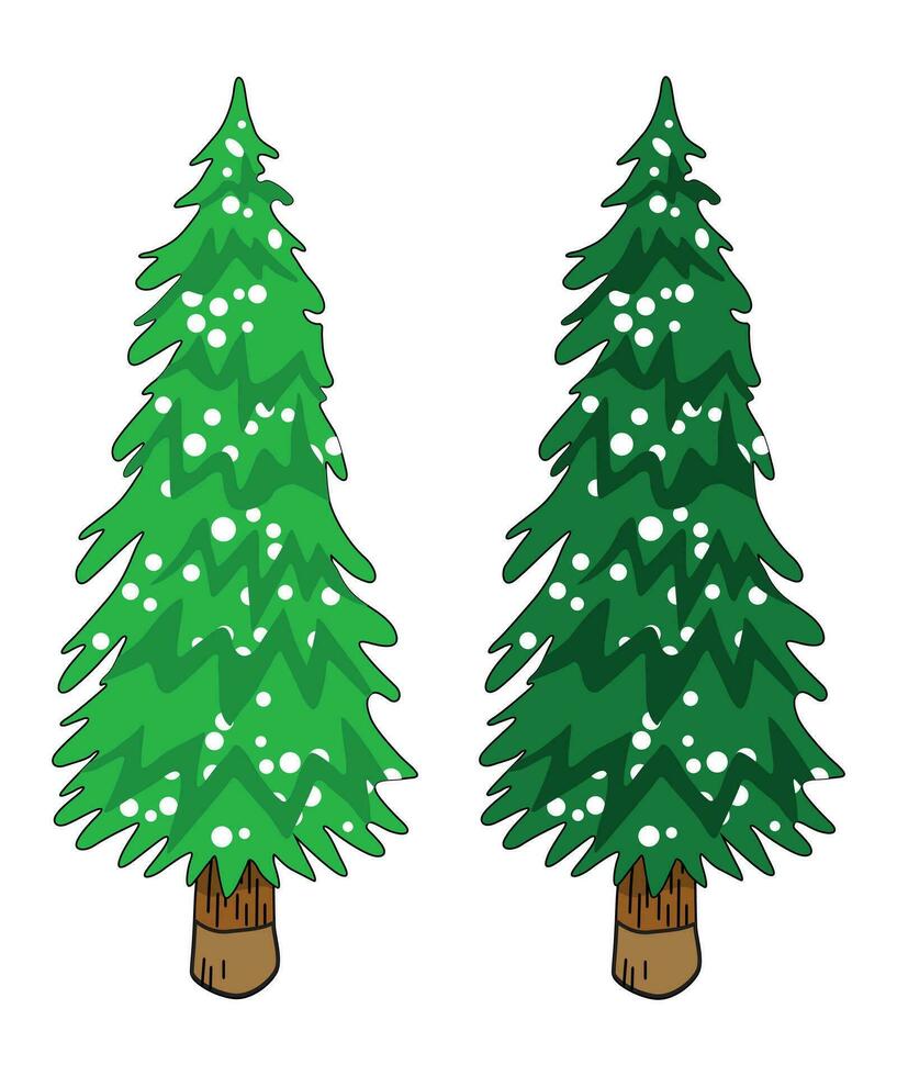 Vector set of cartoon Christmas trees, pines for greeting card, invitation, banner, web. New Years and xmas traditional symbol tree with garlands, light bulb, star. Winter holiday. Icons collection.