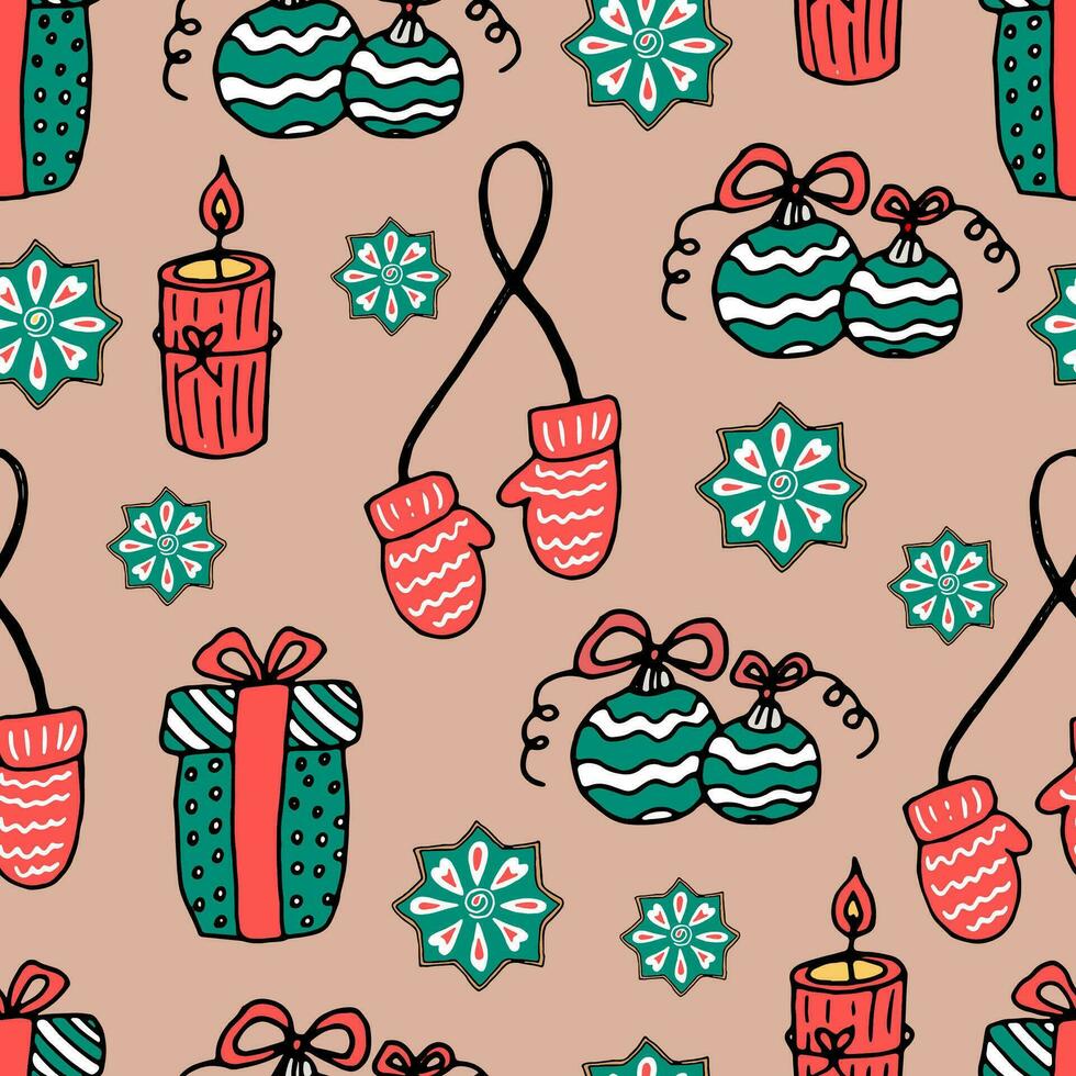 sin costura Navidad modelo - regalos, pan de jengibre galletas, velas, mitones, Navidad pelotas. vector ilustración garabatear nuevo año fiesta polvo antecedentes