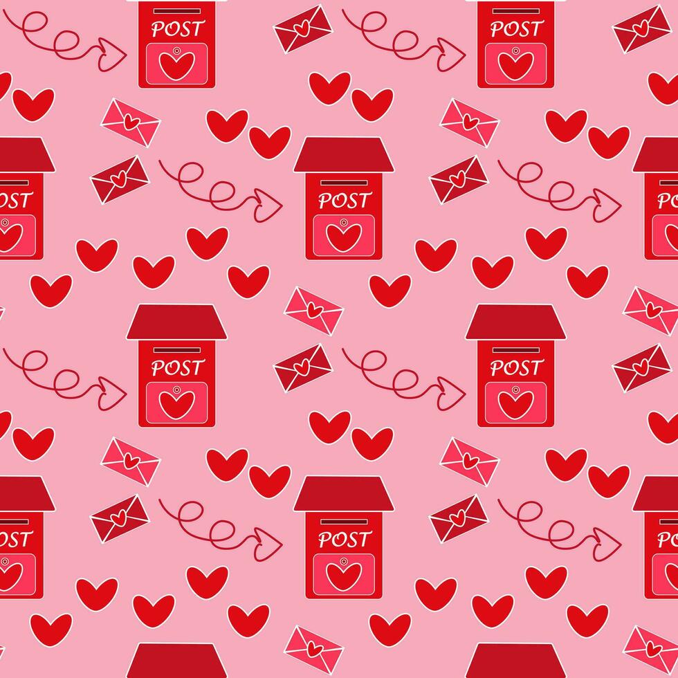 Seamless pattern Love letters - envelopes fly into a red mailbox with a heart. Vector Holiday Valentine's Day pink background