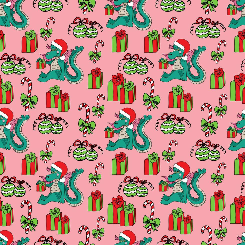 Seamless pattern dragon with gifts, caramel and Christmas balls on a pink background. Vector doodle illustration for packaging, web design