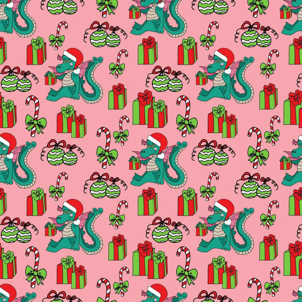 Seamless pattern dragon with gifts, caramel and Christmas balls on a pink background. Vector doodle illustration for packaging, web design