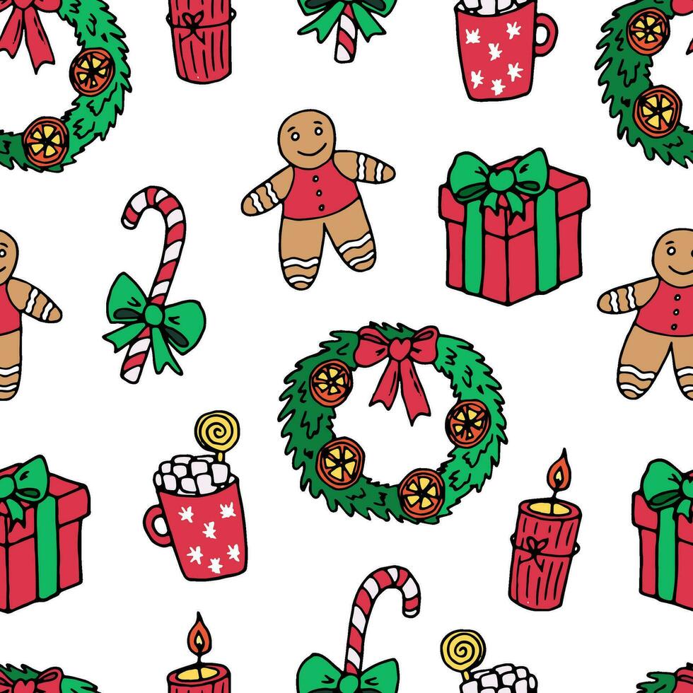 Seamless pattern of Christmas decorations on a white background - gifts, wreath, sugar cane, hot chocolate in a mug, gingerbread man. Vector doodle illustration for packaging, web design