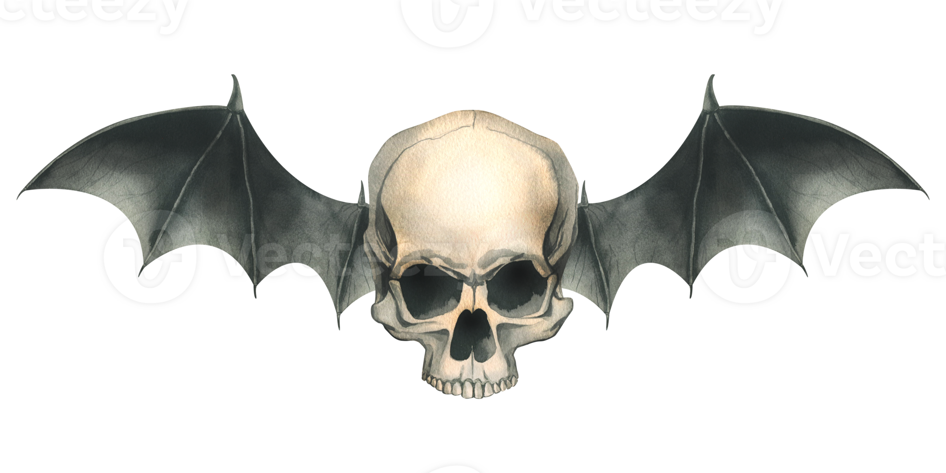 voorkant visie menselijk schedel met zwart knuppel Vleugels voor dood dag vakantie en halloween. waterverf illustratie, hand- getrokken. geïsoleerd samenstelling png