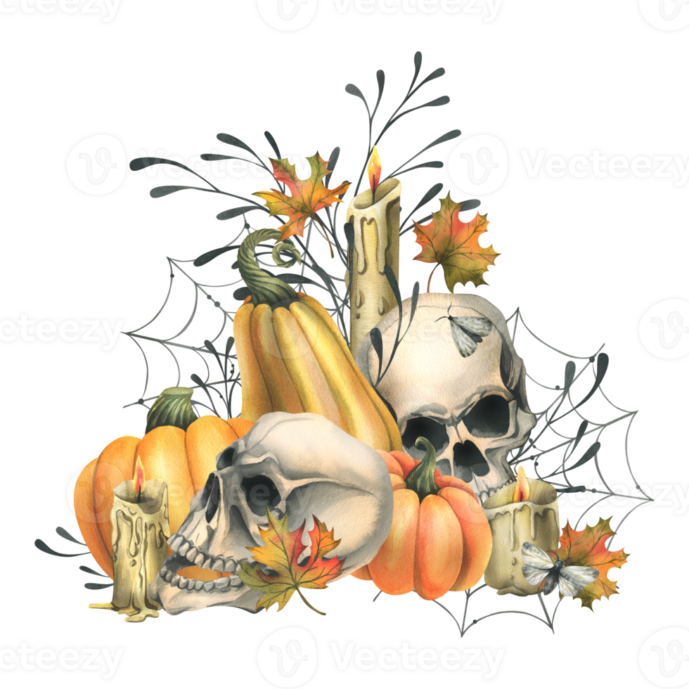 Human skulls with orange pumpkins, candles, night moths, cobwebs and autumn leaves. Hand drawn watercolor illustration for Halloween and Day of the Dead. Isolated composition png