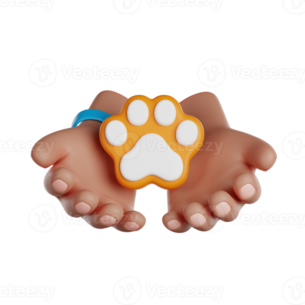 International Volunteer Day. Animal care and protection. Volunteer hands holding a dog paw. 3D render icon. png