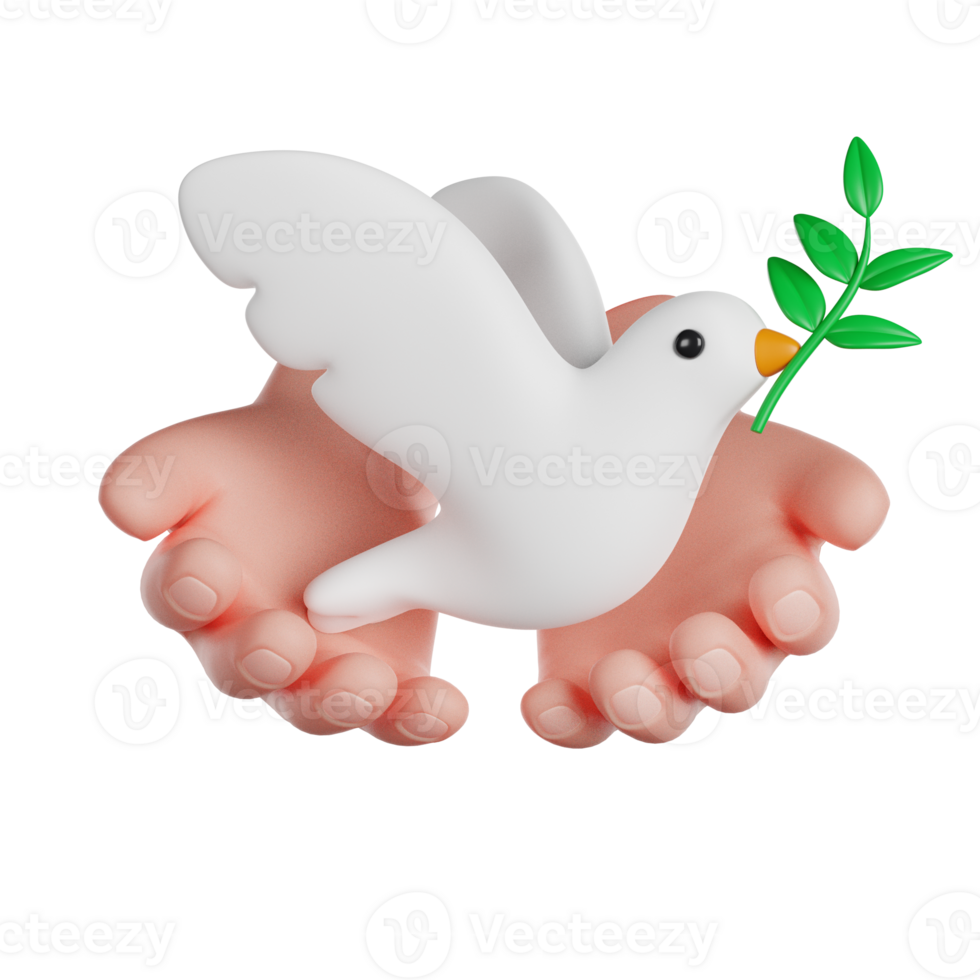 International Day of Living Together in Peace. Volunteer hands holding a dove of peace. 3D render icon. png