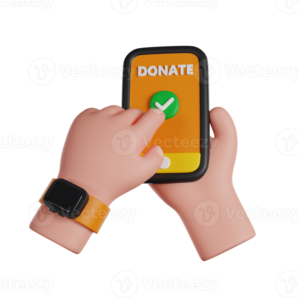 Hands holding a phone and donating money online. Financial support. 3D render icons. png