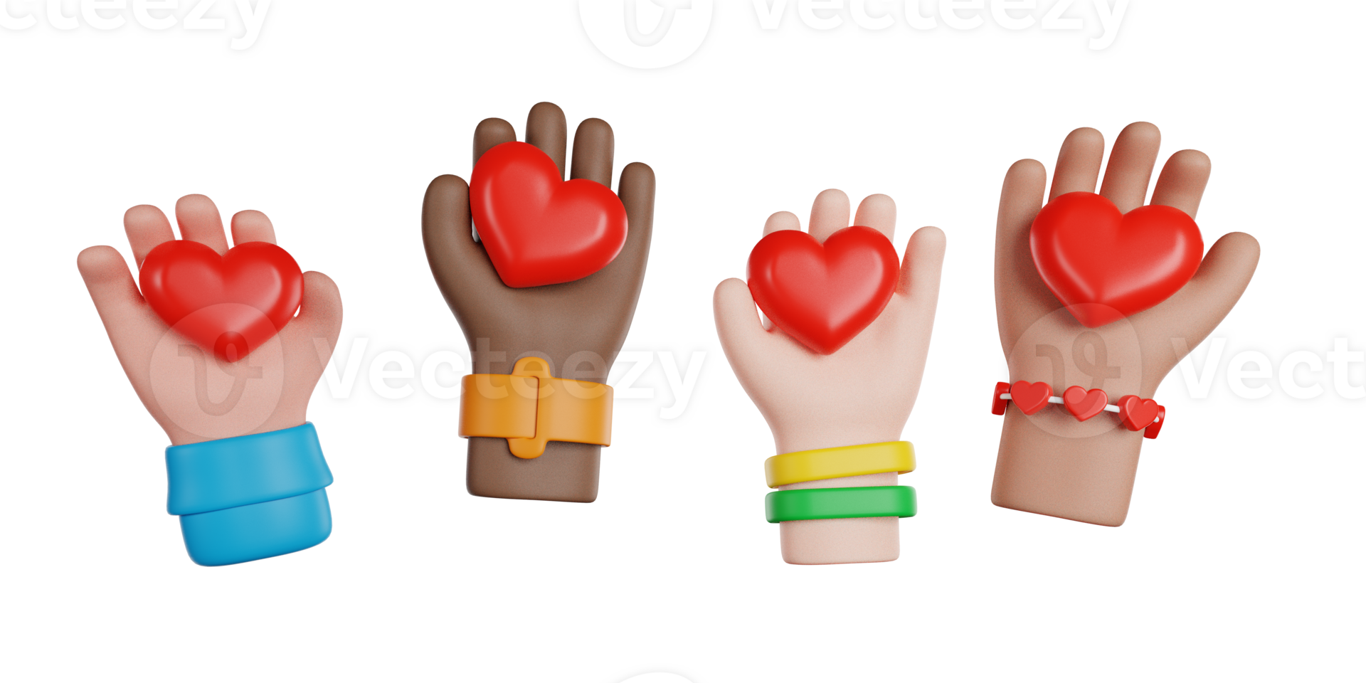 International Volunteer Day. Group of Volunteers hands holdind hearts. 3D render icon. png