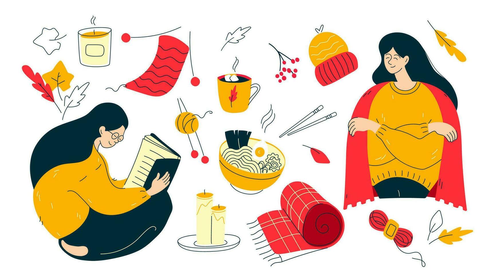 Woman with a blanket on her shoulders and girl in sweater reading a book. Set of autumn warm and cozy home elements. Food delivery, hot chocolate, knitting and candles flat vector illustrations.