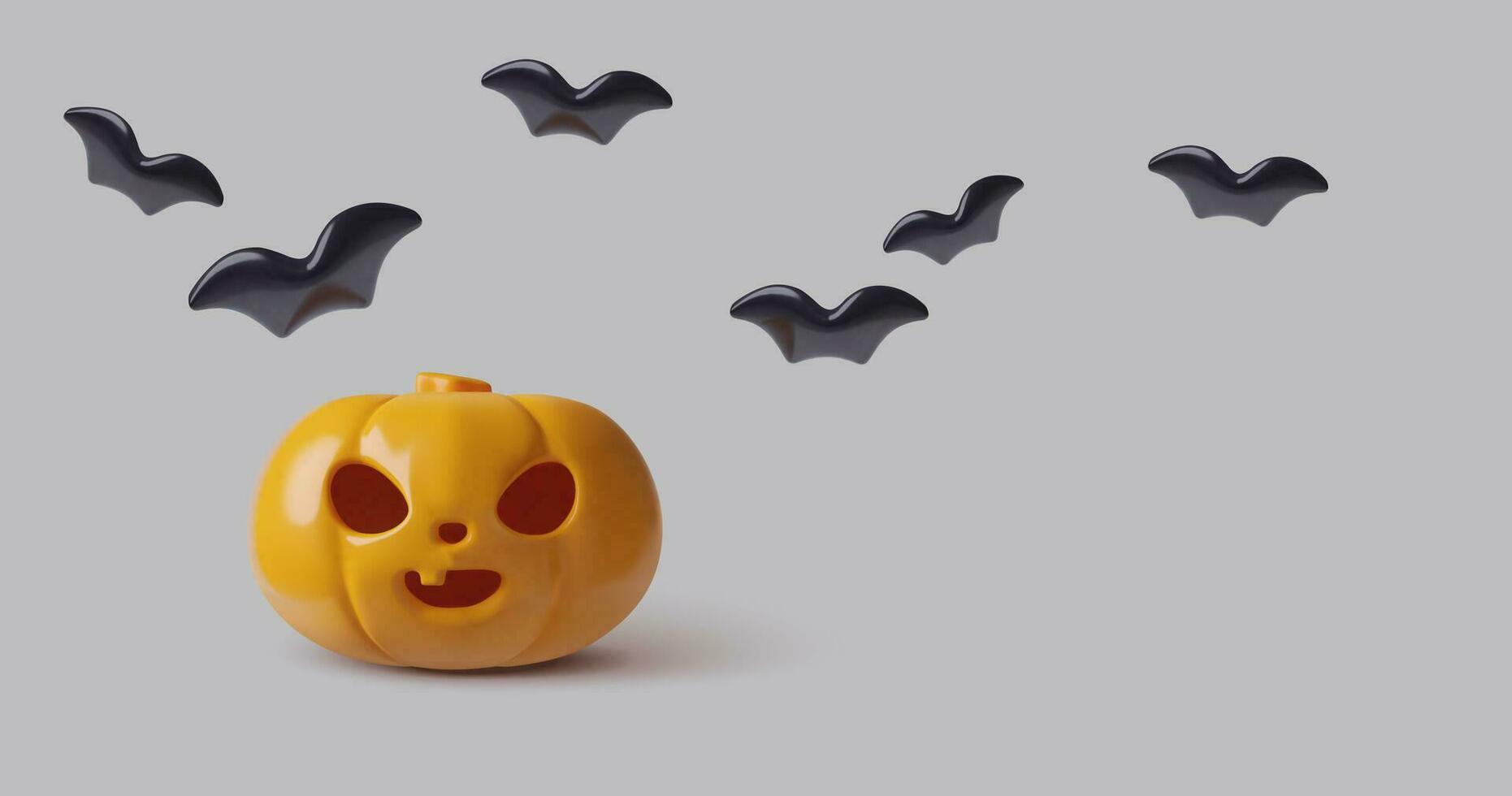 3D Halloween orange pumpkin with cut scary smile and flying minimal black bats. Horizontal holiday background with three dimensional cute plastic design elements and copy space. Vector illustration.