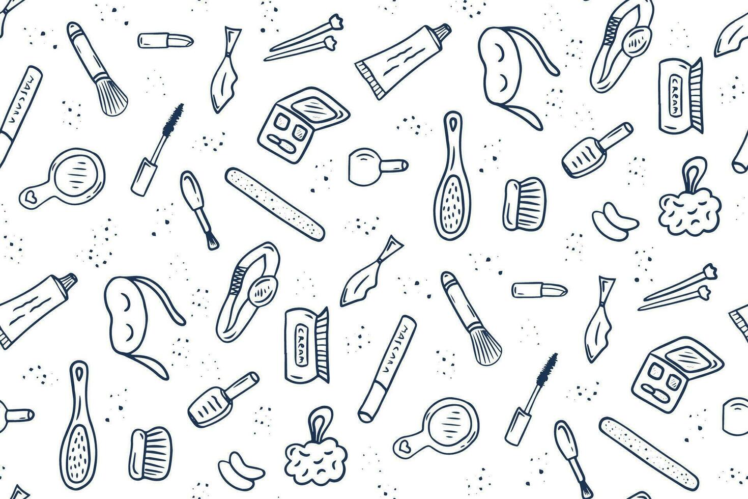 Make up doodle beauty pattern with cosmetic, lipstick, cream, mascara, powder, shades, brush. Seamless vector pattern for salons, textile, packaging.