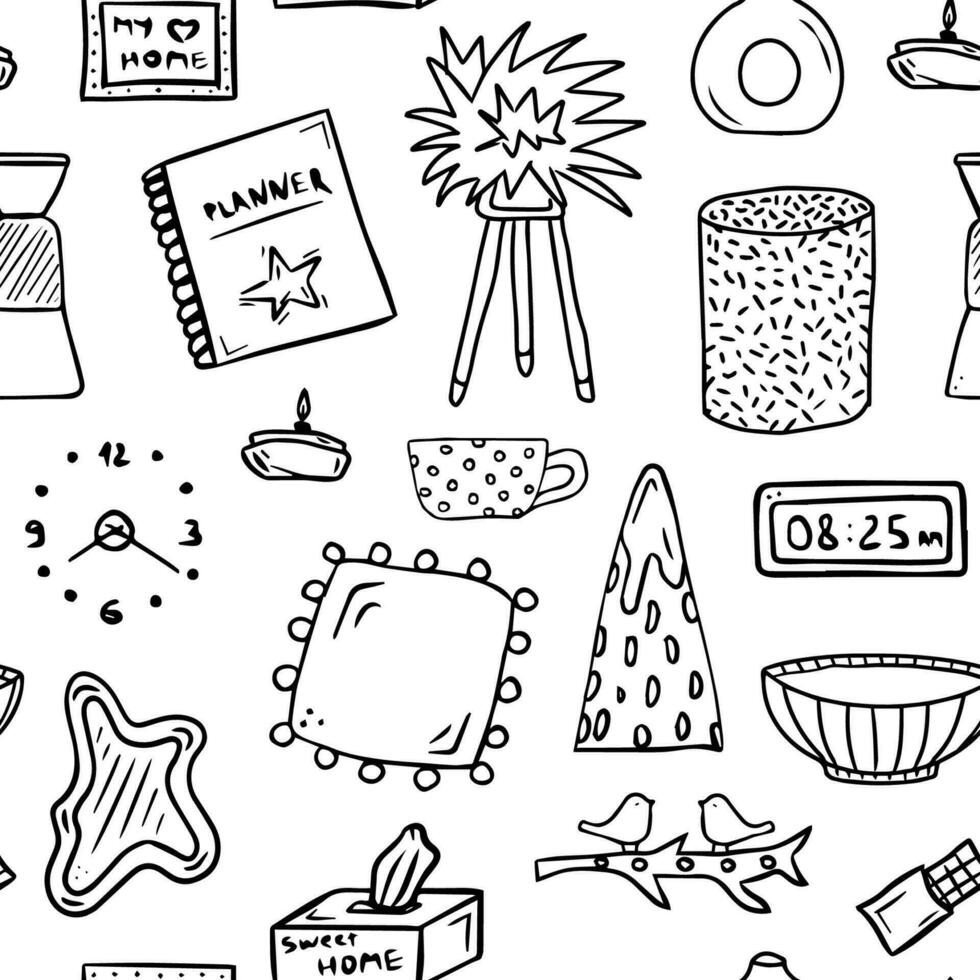 Doodle home decor interior pattern. Seamless background with house design accessories, lamp, candle, pillow, cup, clock, mirror, pouf vector