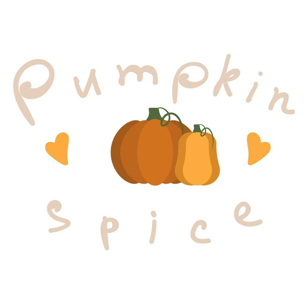 Harvest of plants with orange hearts lettering saying pumpkin spice isolated on white background vector