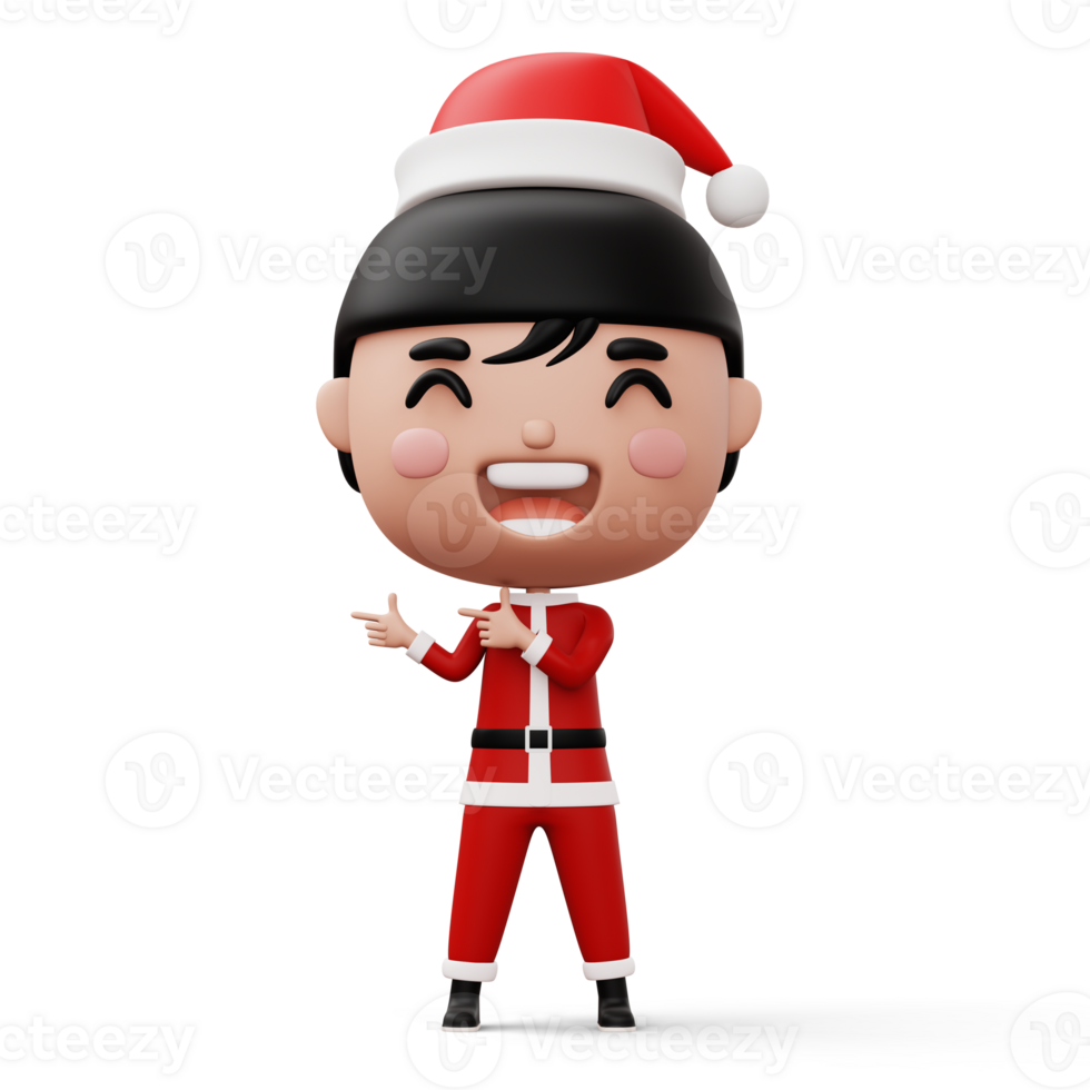 Happy kid wearing santa claus costume pointing  finger, Merry christmas, 3d rendering png