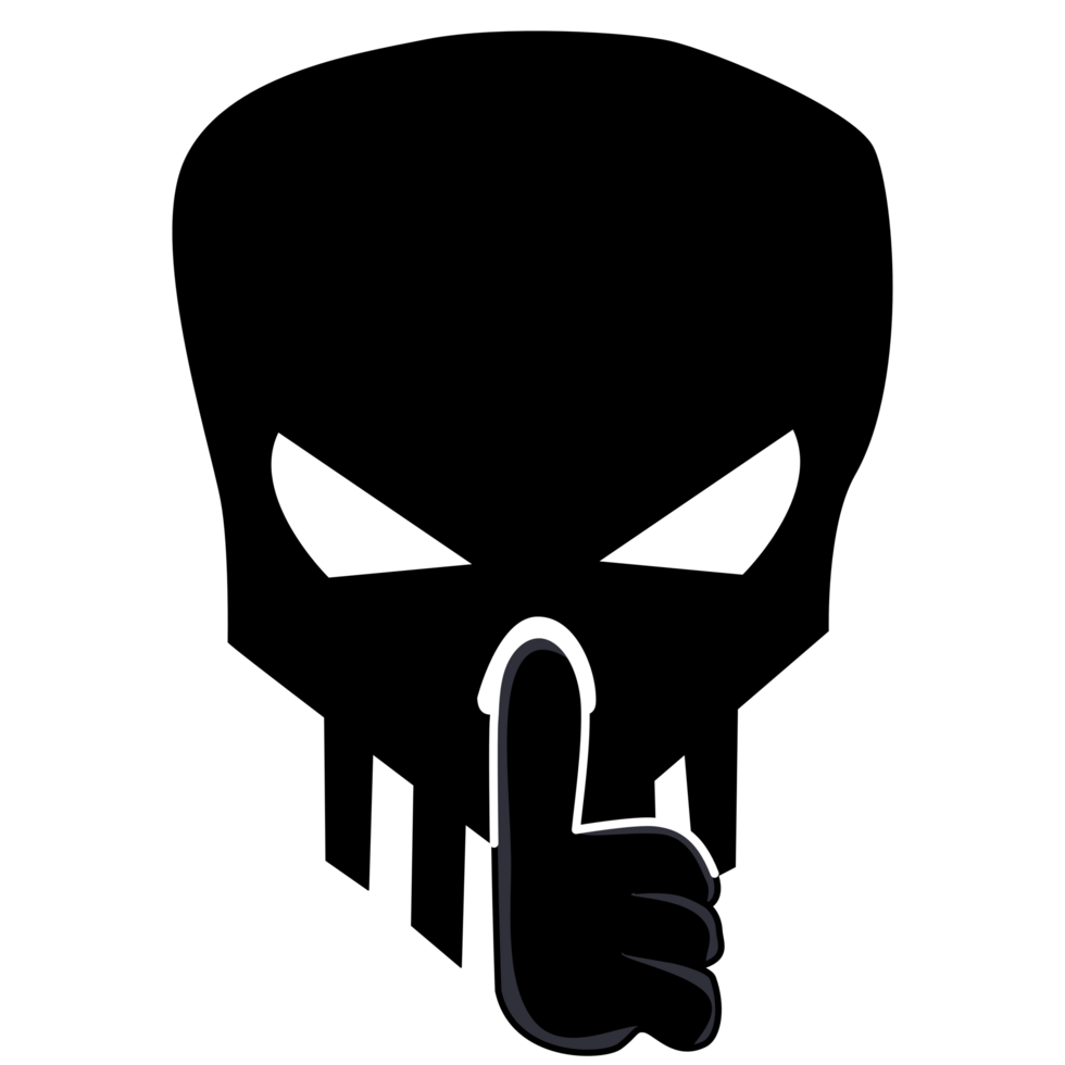 Black skull character holding hand near mouth silence. Shhh symbol png
